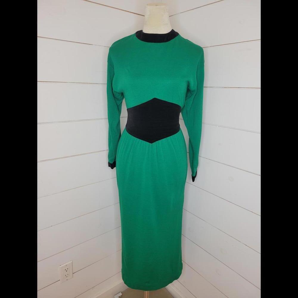 Vintage 80s Kathryn Conover XS green & black maxi dress